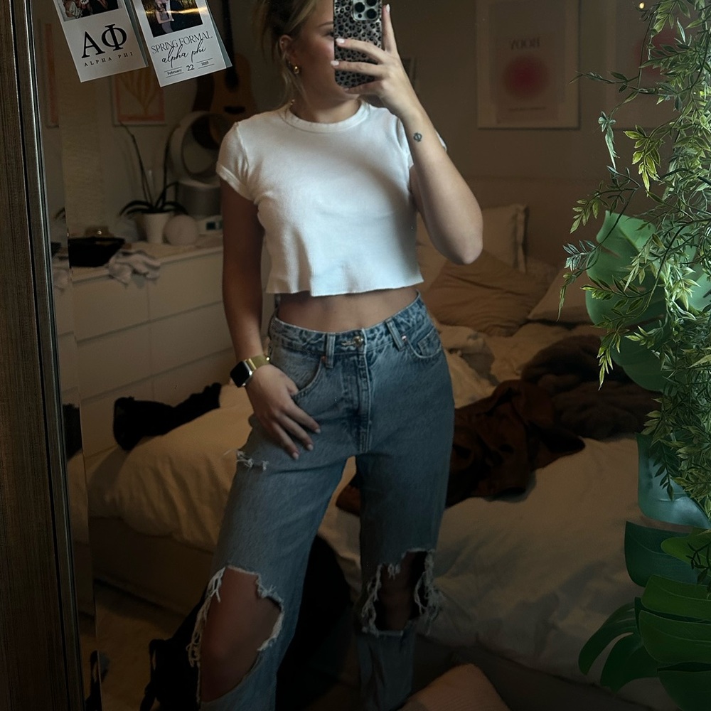 Zara Dark Wash Baggy Ripped Jeans